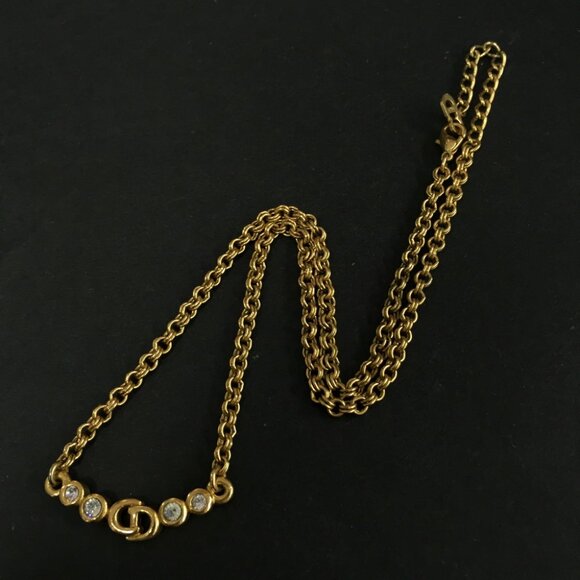 Christian Dior CD Logo Rhinestone Gold Tone Pendant Necklace lux70-100225 - Picture 1 of 8